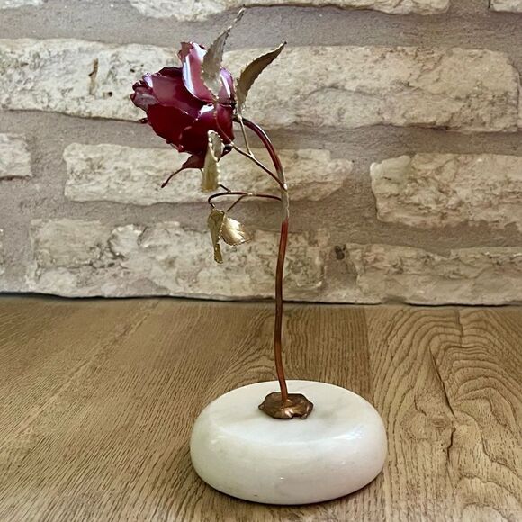 Vintage Single Rose Stem Painted Brass Copper Brutalist Metal Art Marble Base - Picture 4 of 16